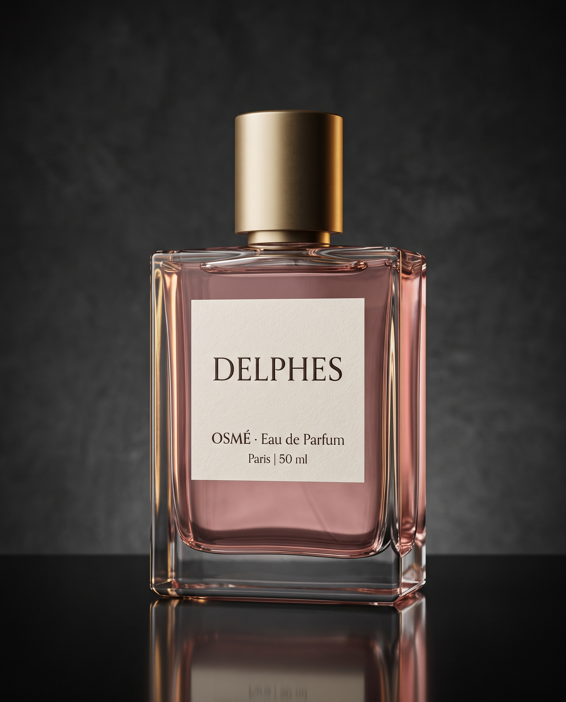 Delphes — Eau de Parfum, flakón v dusty rose