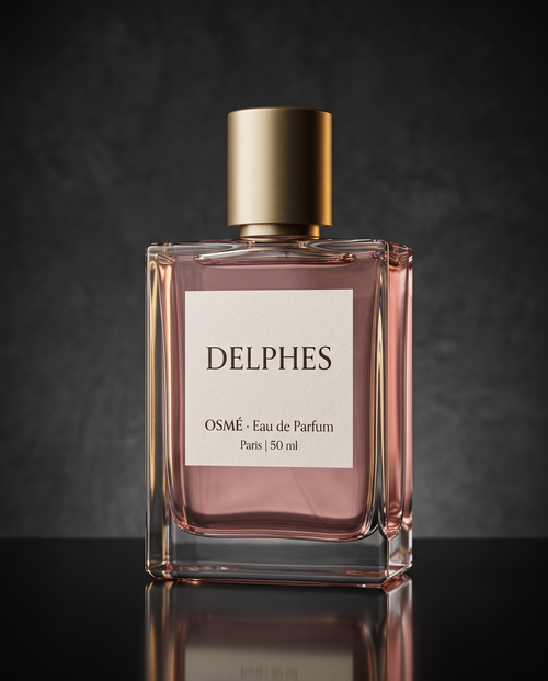 Delphes — Eau de Parfum, flakón v dusty rose